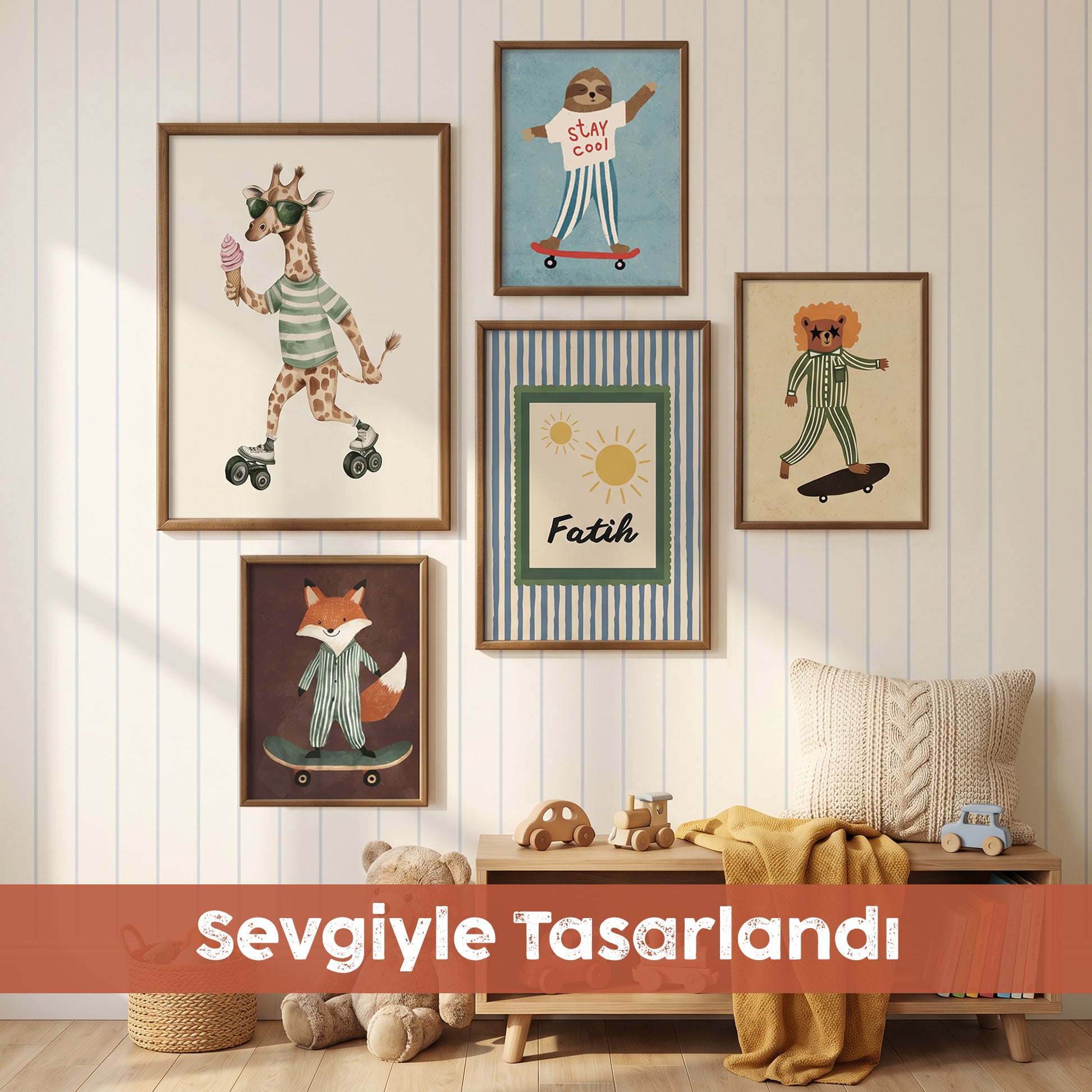 Patenli Zürafa ve Kaykaycı Dostlar Serisi - 5 Parça İsimli Bebek & Çocuk Odası Tablo Seti
