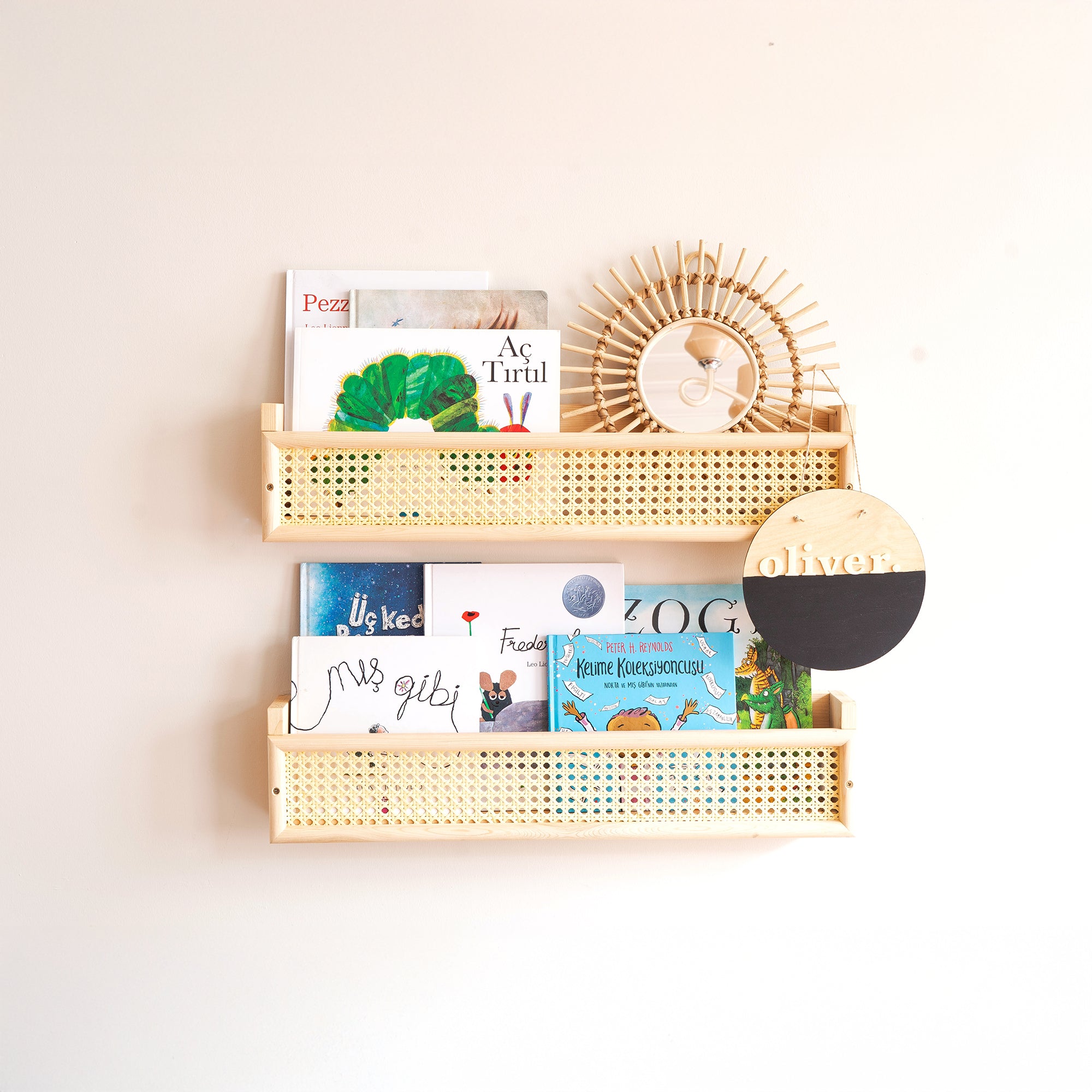 DOĞAL AHŞAP HAZERAN RATTAN DUVAR RAFI ŞIK ÇOCUK ODASI MONTESSORI KİTAPLIK