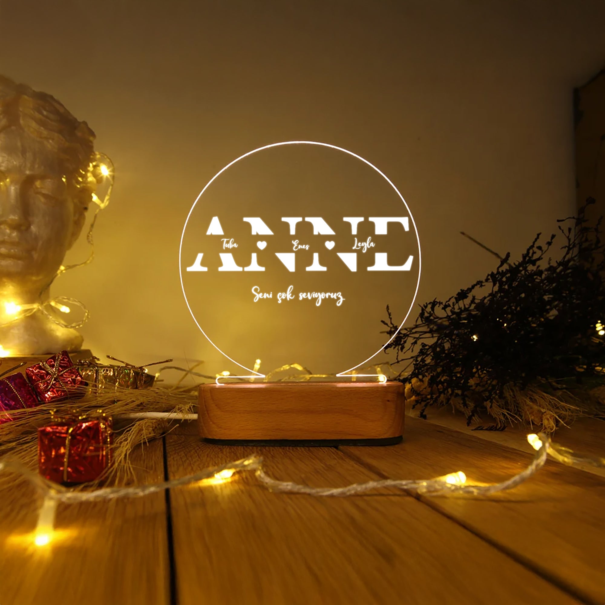 KİŞİYE ÖZEL LED IŞIKLI "ANNE"YAZILI AKRİLİK GECE LAMBASI