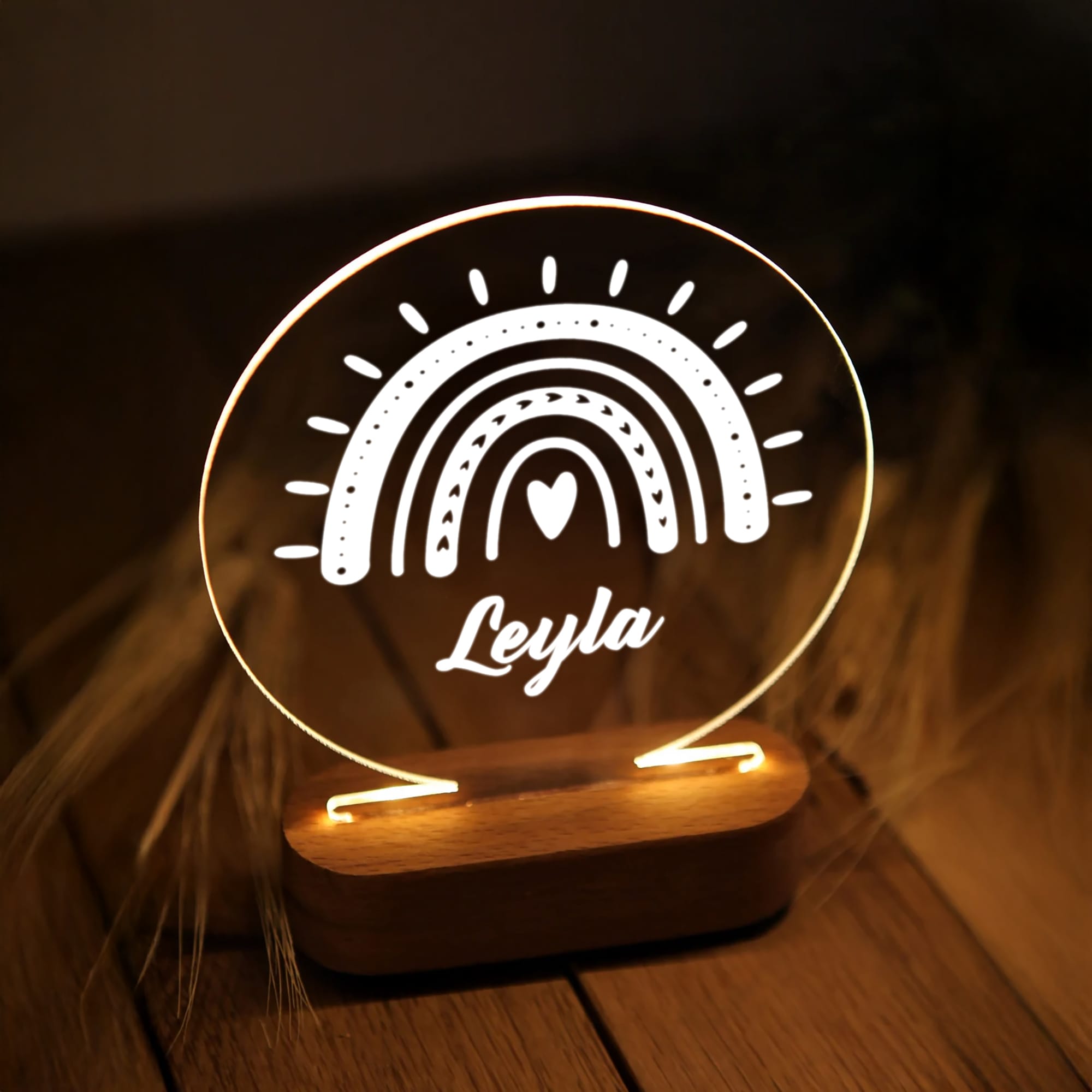 KİŞİYE ÖZEL GÖKKUŞAĞI DESENLİ YUVARLAK LED AKRİLİK GECE LAMBASI