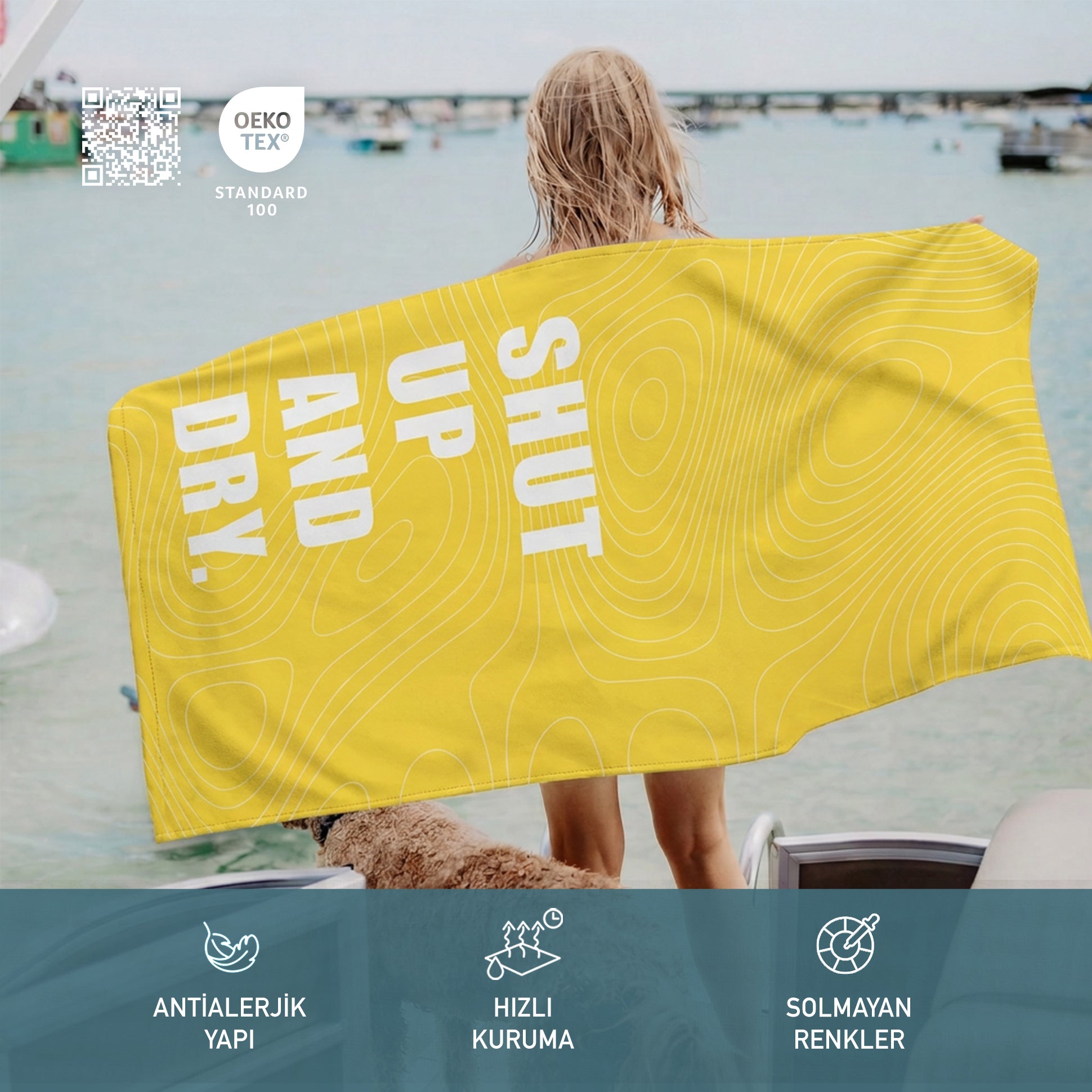 "SHUT UP AND DRY." Sloganlı Plaj Havlusu - Bonibom LOUD SUMMER Koleksiyonu