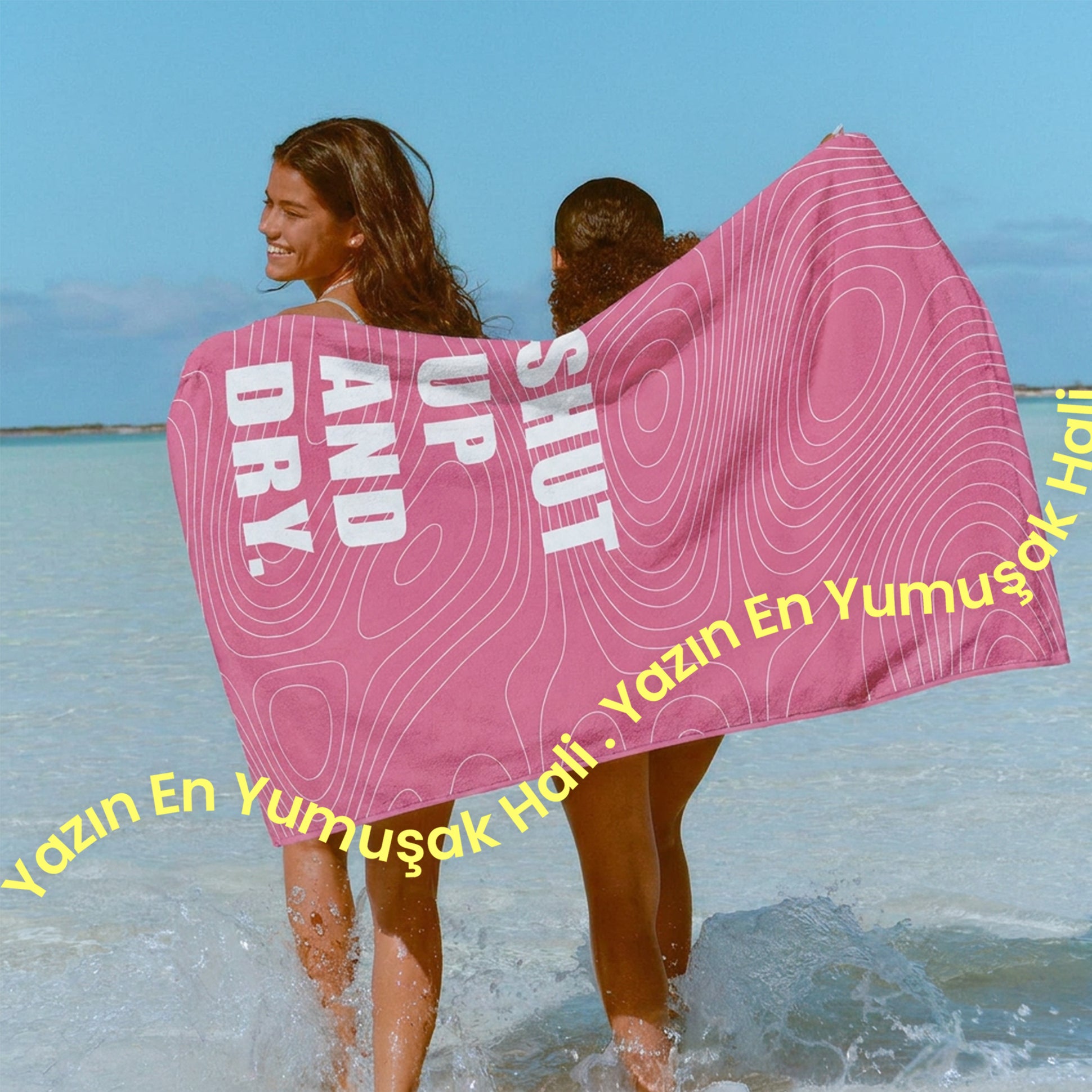 "SHUT UP AND DRY." Sloganlı Plaj Havlusu - Bonibom LOUD SUMMER Koleksiyonu