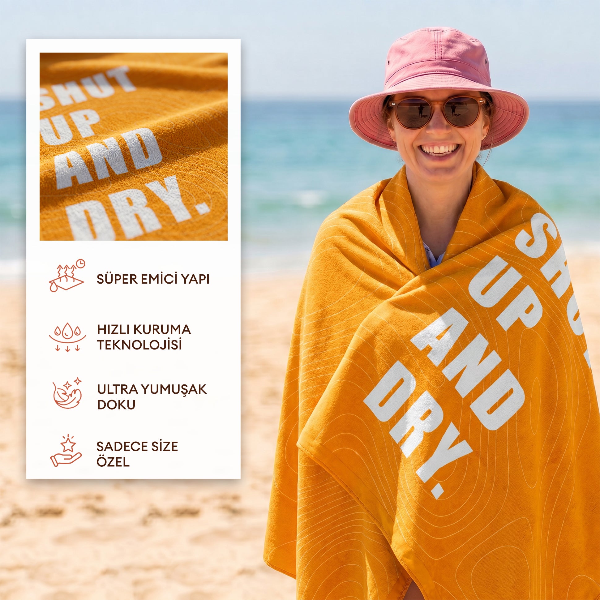 "SHUT UP AND DRY." Sloganlı Plaj Havlusu - Bonibom LOUD SUMMER Koleksiyonu