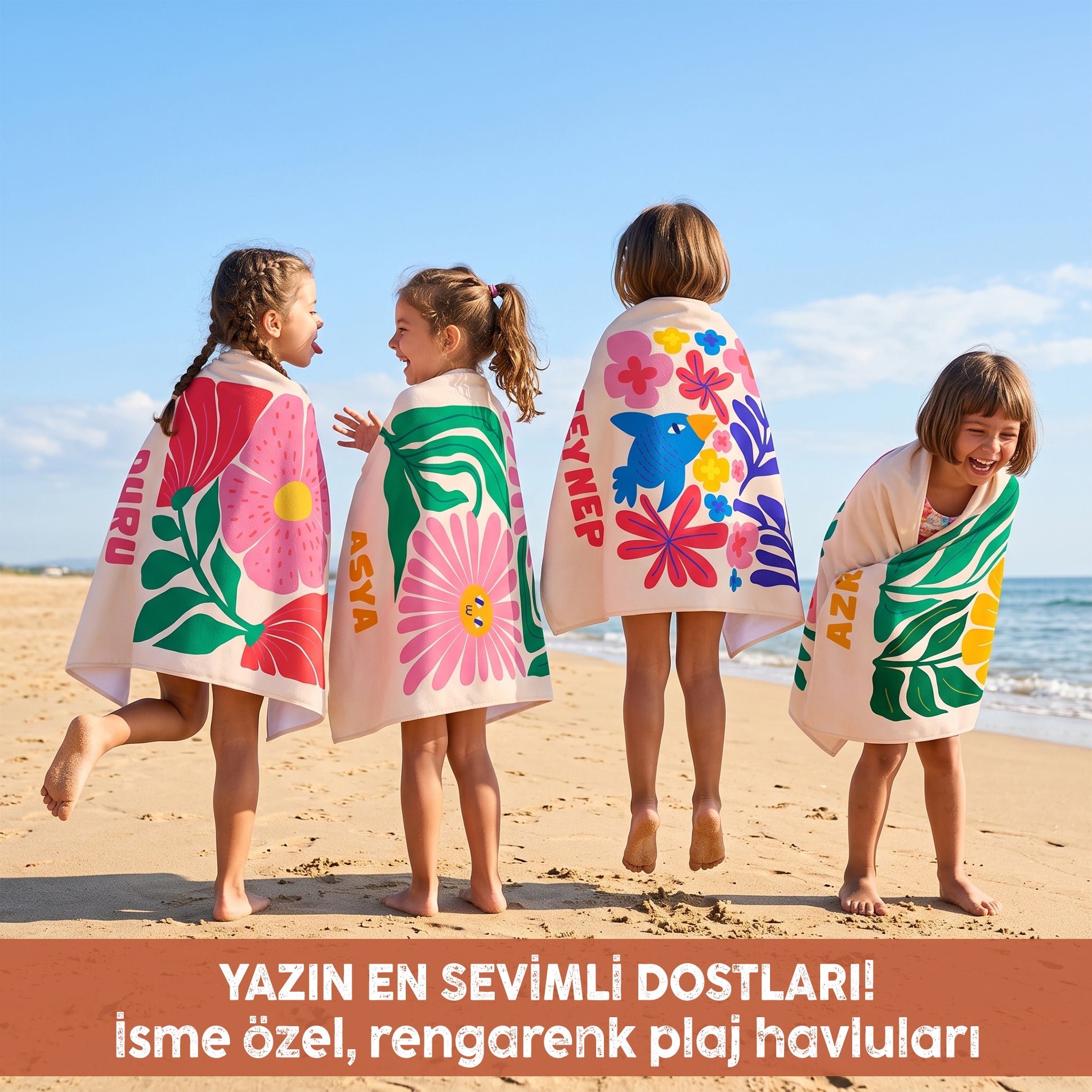 Kişiye Özel "Çiçekli Dostlar" Plaj Havlusu-Bonibom Özel Koleksiyonu