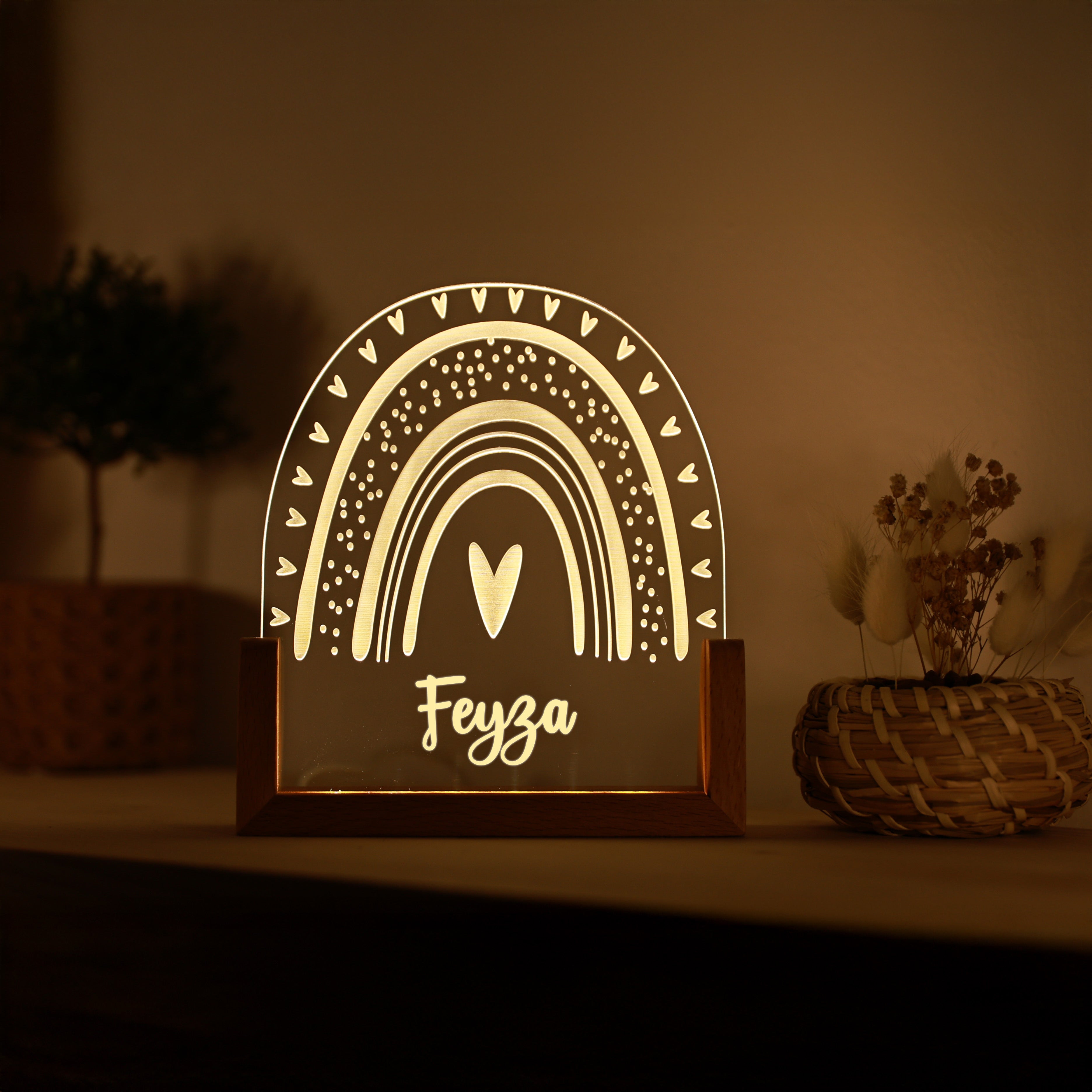 KİŞİYE ÖZEL AHŞAP TABANLI GÖKKUŞAĞI LED GECE LAMBASI