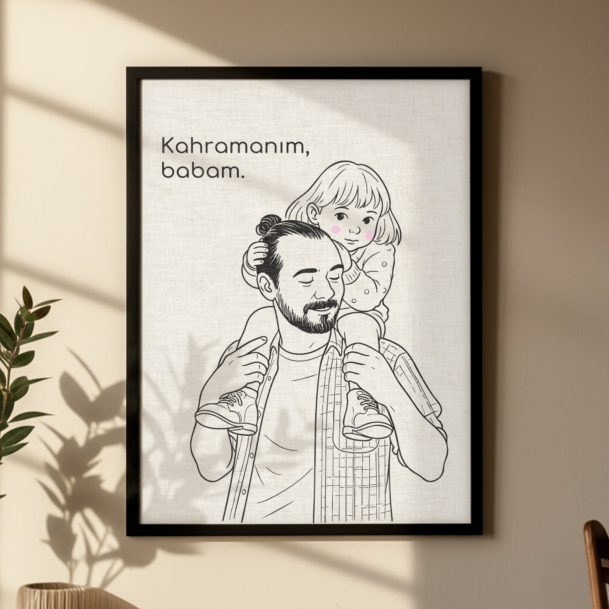 Kişileştirilebilir Keten Baba ve Çocuk İllüstrasyon Posteri | Fotoğraftan Çizim Portre | Babalar Günü, Doğum Günü ve Özel Anlar İçin Benzersiz Duvar Sanatı