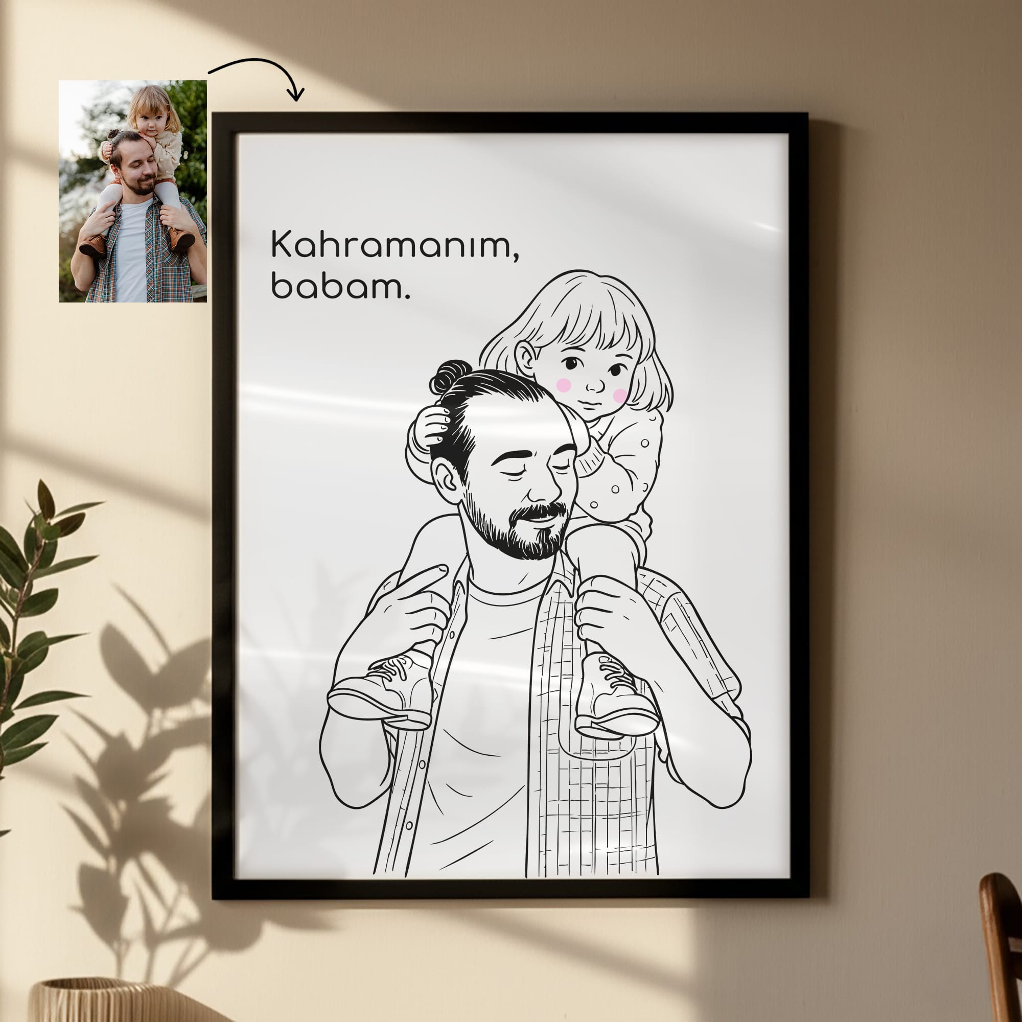 Kişileştirilebilir Kağıt Baba ve Çocuk İllüstrasyon Posteri Boyutu | Fotoğraftan Çizim Portre | Babalar Günü, Doğum Günü ve Özel Anlar İçin Benzersiz Duvar Sanatı