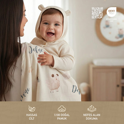 Kişiye Özel "Mutlu Kuzular" %100 Pamuk Çift Katlı Müslin Örtü