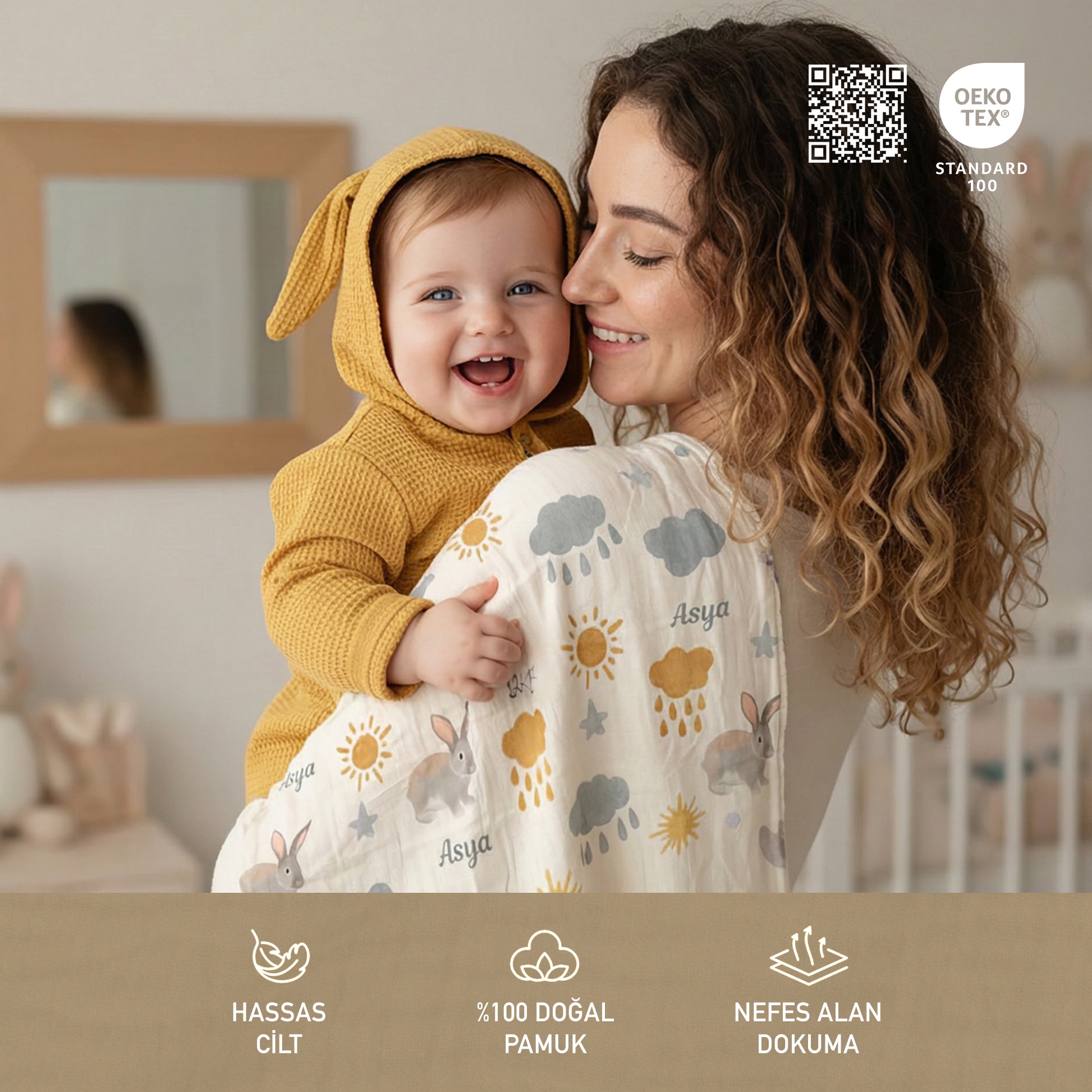 Kişiye Özel Tavşanlı %100 Pamuk Çift Katlı Müslin Örtü