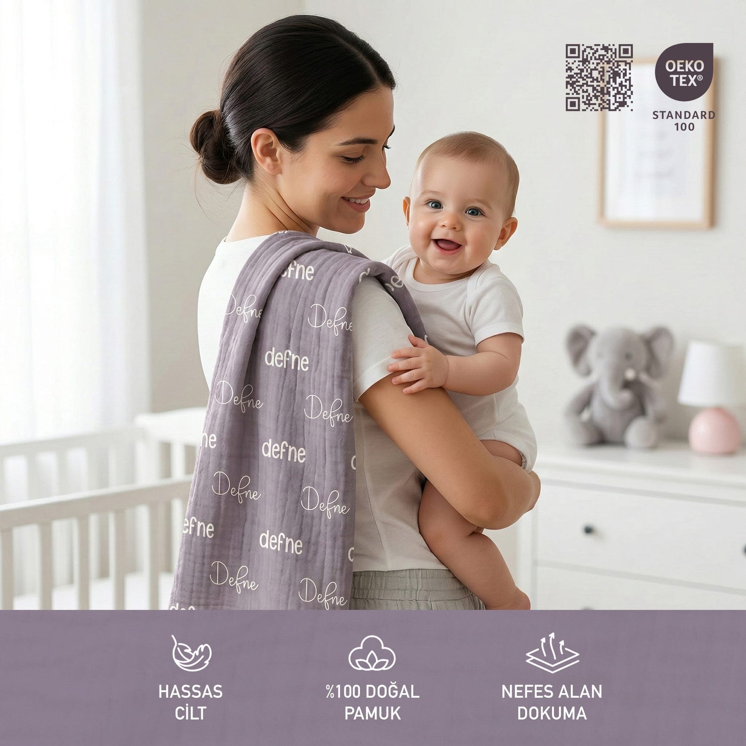 Kişiye Özel %100 Pamuk İsim Yazılı 2 Kat Müslin Örtü