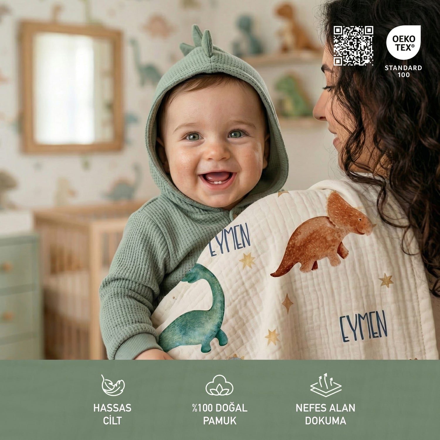 Kişiye Özel "Dinozor" %100 Pamuk Çift Katlı Müslin Örtü - Bonibom Özel Serisi