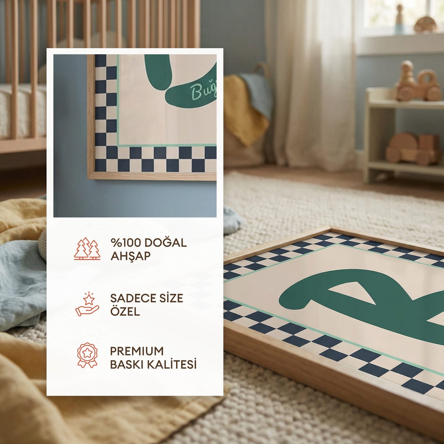 Kişiye Özel İsimli Çocuk Odası Posteri | Erkek Çocuk Renkli Kareli Çerçeveli Tablo