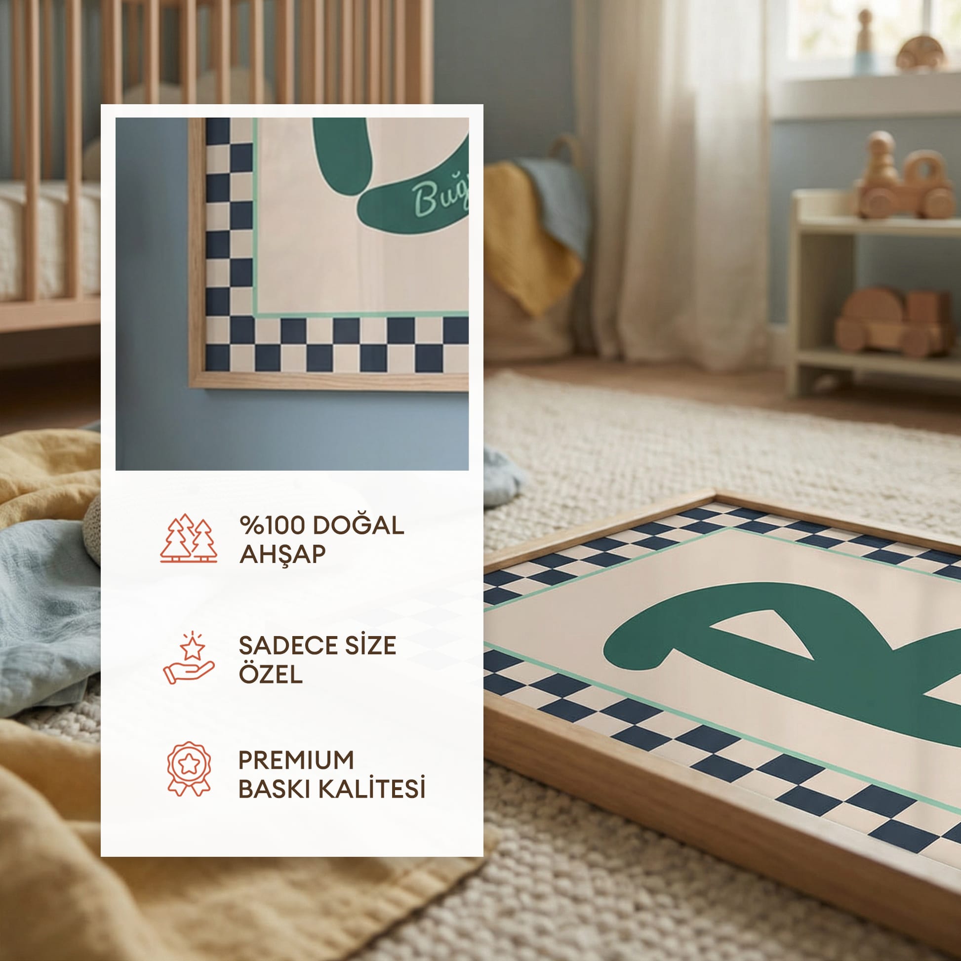 Kişiye Özel İsimli Çocuk Odası Posteri | Erkek Çocuk Renkli Kareli Çerçeveli Tablo