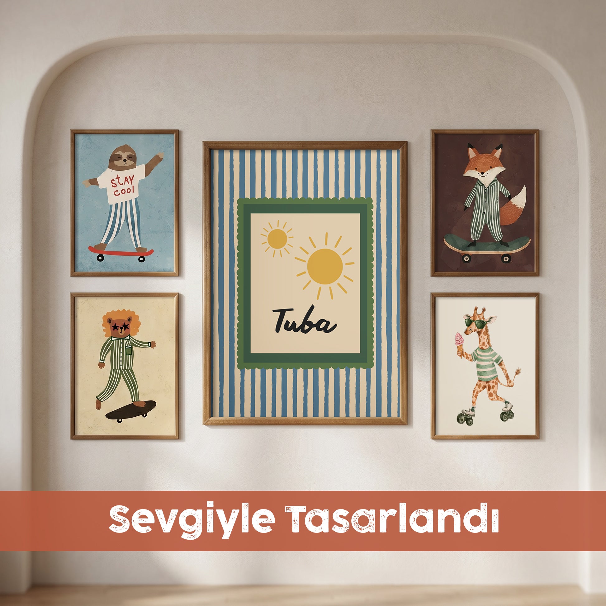 Kişiye Özel İsimli Patenli Zürafa ve Kaykaycı Dostlar Serisi - 5 Parça İsimli Bebek &amp; Çocuk Odası Tablo Seti