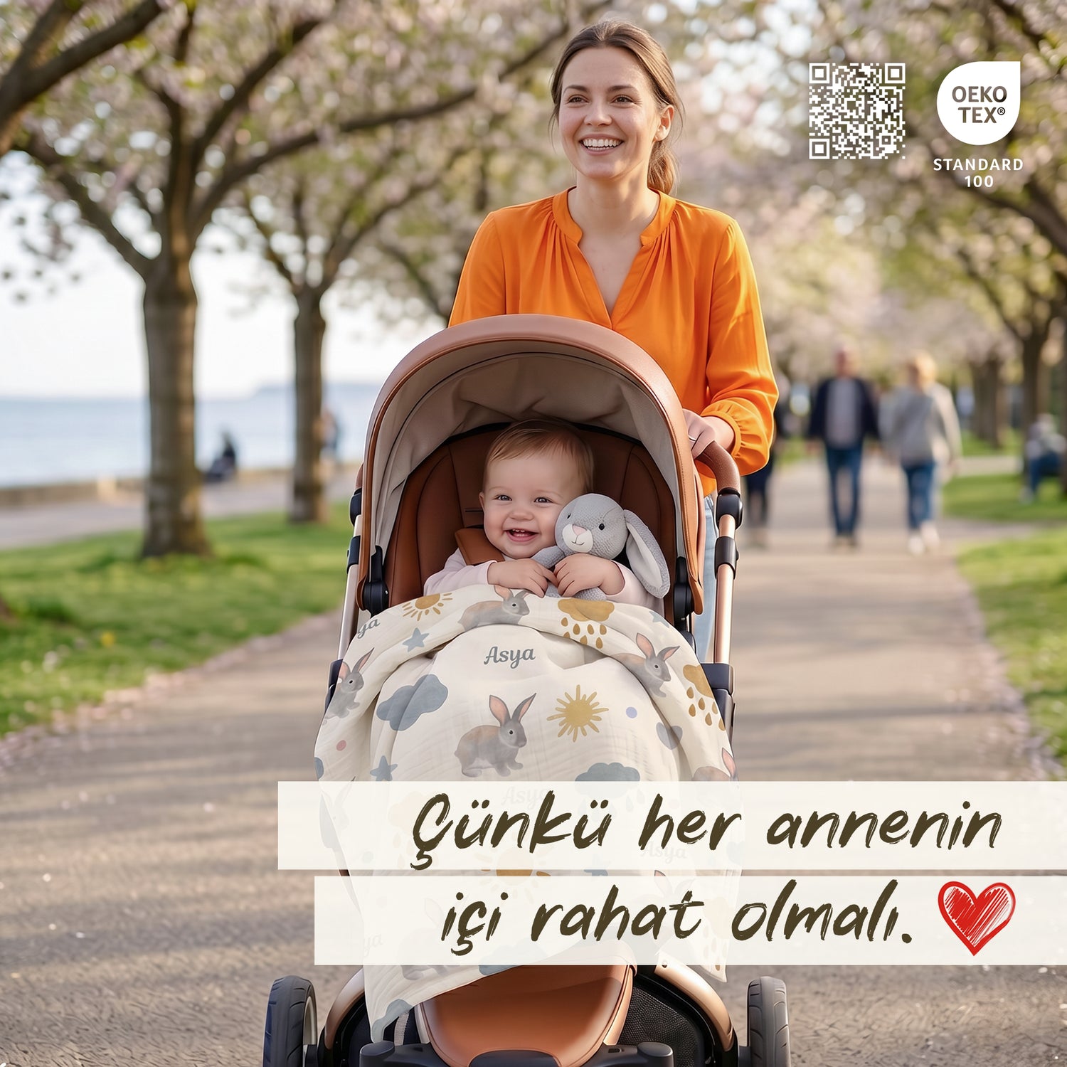 Kişiye Özel Tavşanlı %100 Pamuk Çift Katlı Müslin Örtü