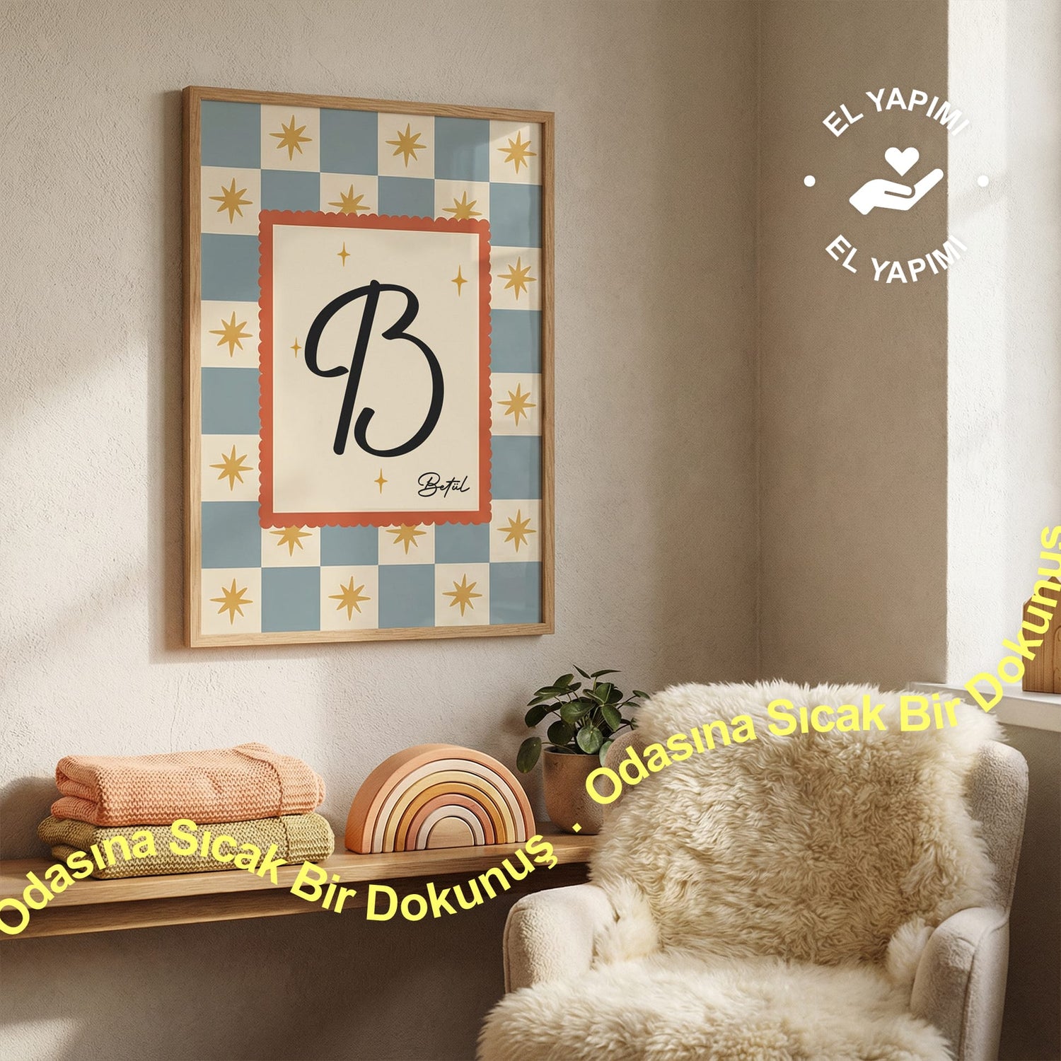 Kişiye Özel Retro Yıldız Desenli Ahşap Çerçeveli Çocuk Odası Tablosu