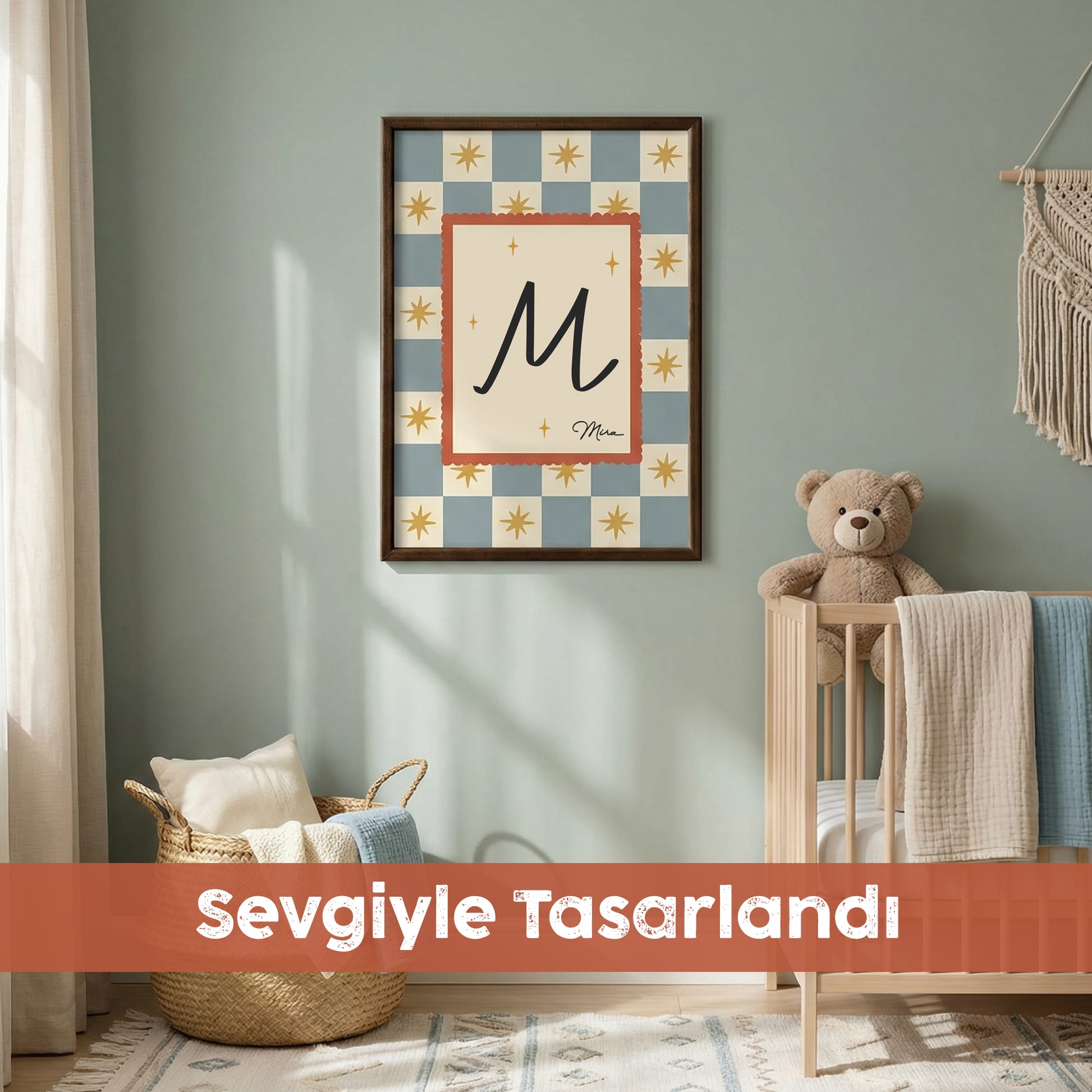 Kişiye Özel Retro Yıldız Desenli Ahşap Çerçeveli Çocuk Odası Tablosu