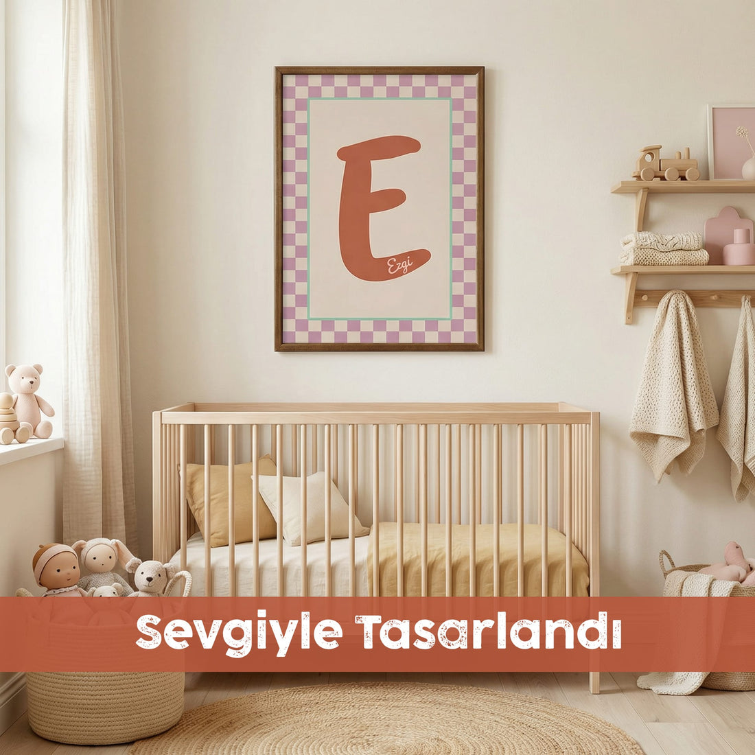 Kişiye Özel İsimli Çocuk Odası Posteri | Kız Çocuk Renkli Kareli Çerçeveli Tablo