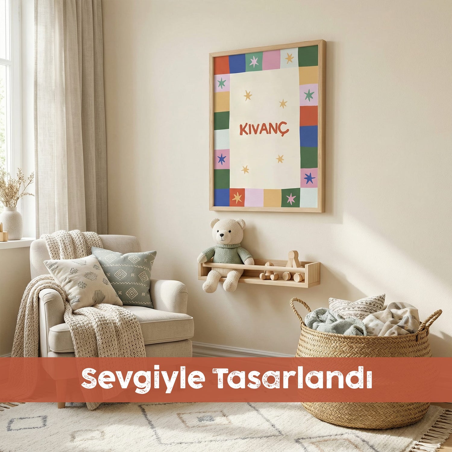 Kişiye Özel İsimli Çocuk Odası Posteri | Renkli Yıldızlı Çerçeveli Tablo