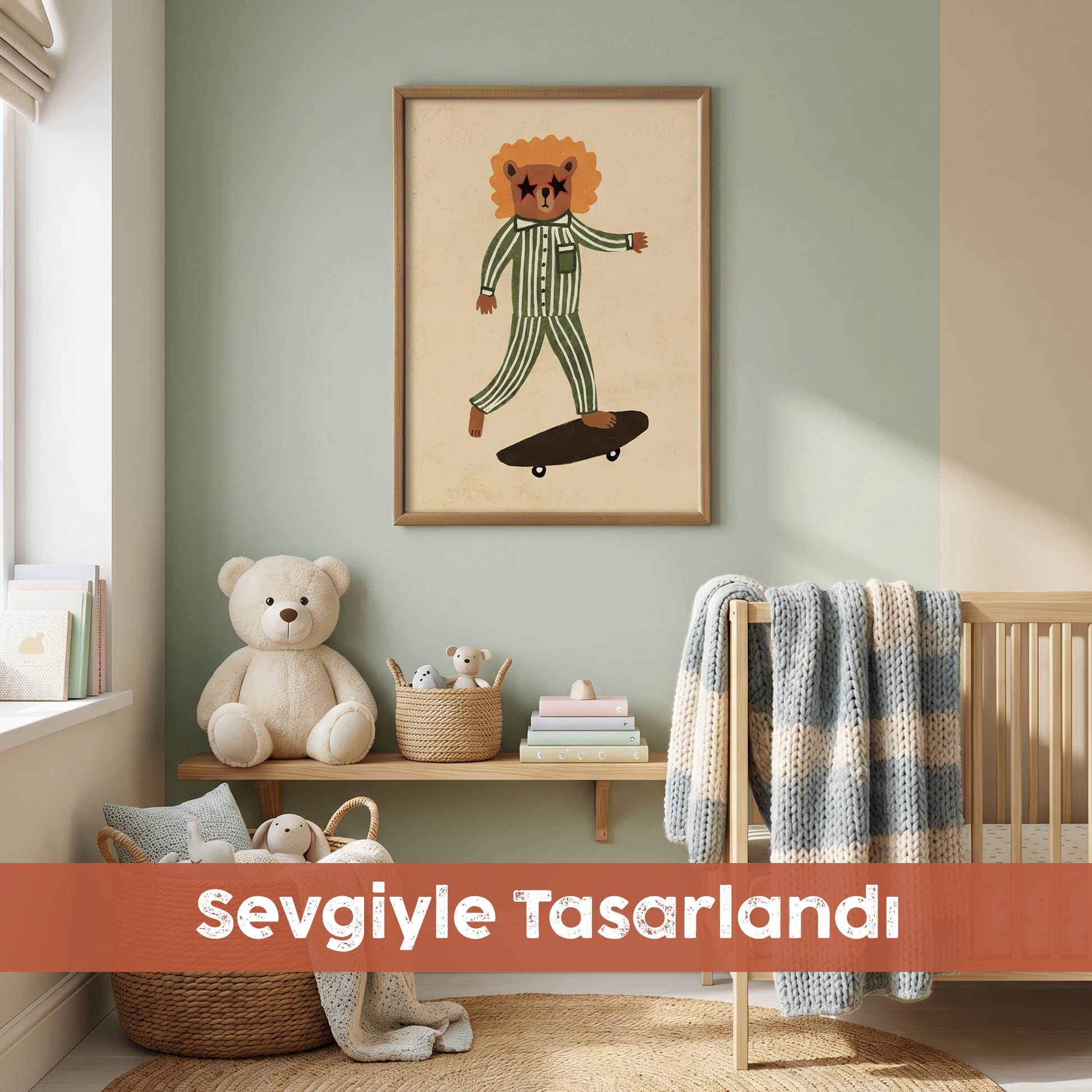"Kaykay Yapan Ayı" Çocuk Odası Tablosu