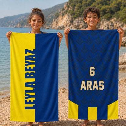 Kişiye Özel Sarı-Lacivert Plaj Havlusu