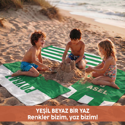 Kişiye Özel Yeşil-Beyaz Plaj Havlusu