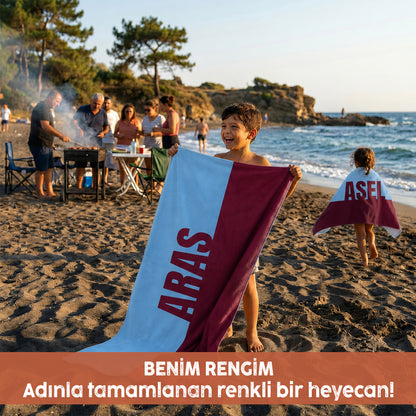 Kişiye Özel Bordo-Mavi Plaj Havlusu