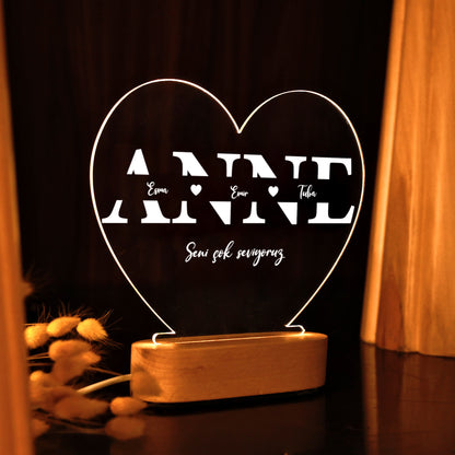 KİŞİYE ÖZEL KALP ANNE LED GECE LAMBASI