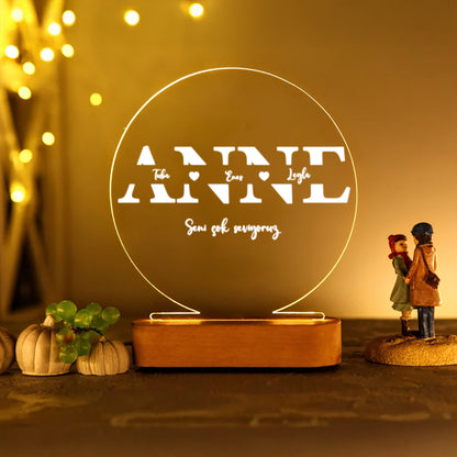KİŞİYE ÖZEL LED IŞIKLI &quot;ANNE&quot;YAZILI AKRİLİK GECE LAMBASI