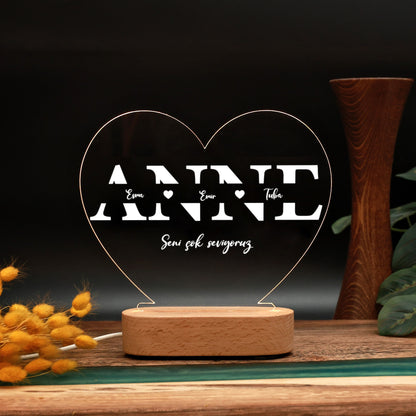 KİŞİYE ÖZEL KALP ANNE LED GECE LAMBASI