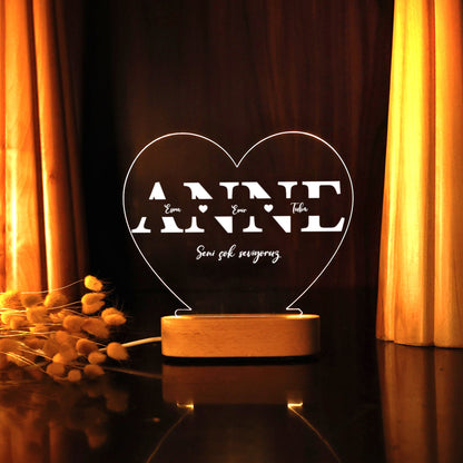 KİŞİYE ÖZEL KALP ANNE LED GECE LAMBASI