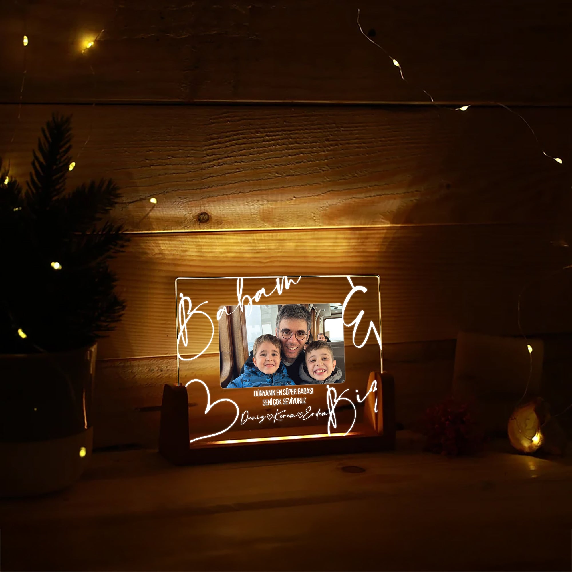KİŞİYE ÖZEL YATAY FOTOĞRAFLI &quot;BABAM VE BİZ&quot; LED GECE LAMBASI