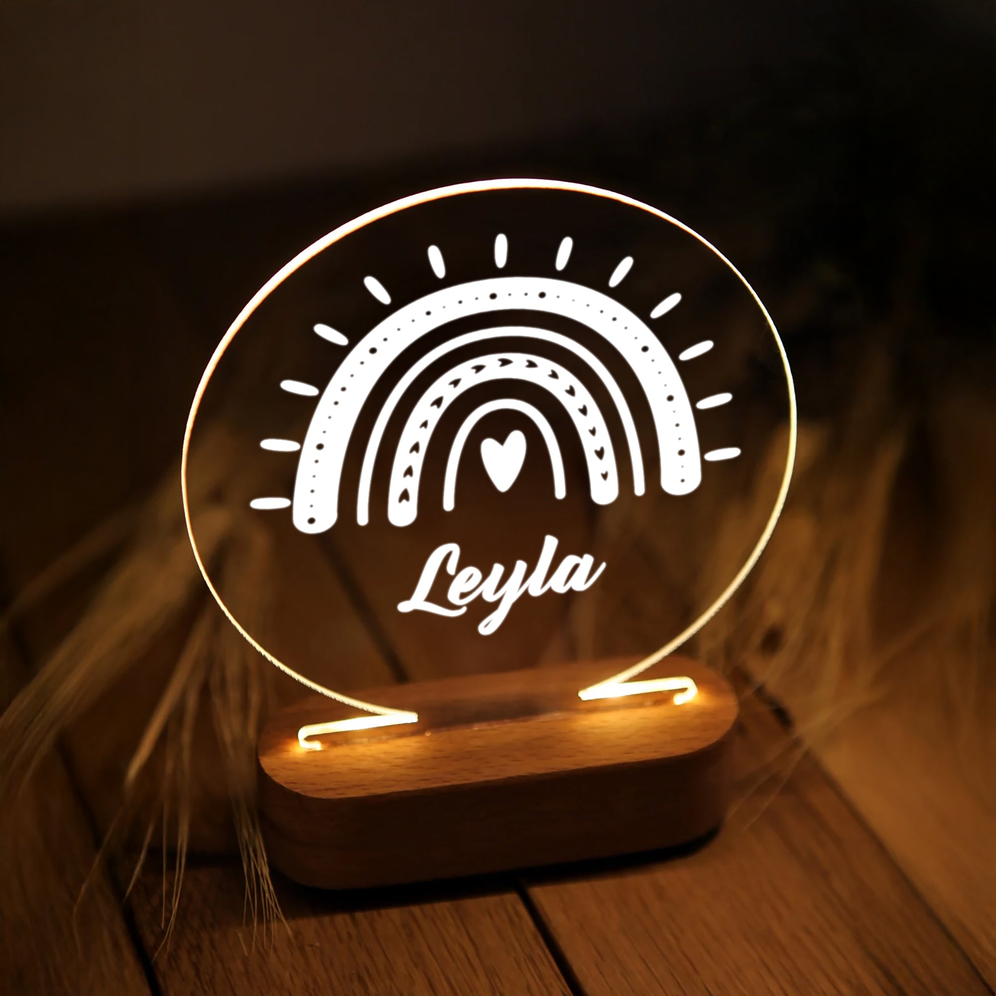 KİŞİYE ÖZEL GÖKKUŞAĞI DESENLİ YUVARLAK LED AKRİLİK GECE LAMBASI