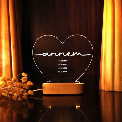 KİŞİYE ÖZEL &quot;ANNEM&quot; YAZILI TARİHLİ KALP LED GECE LAMBASI