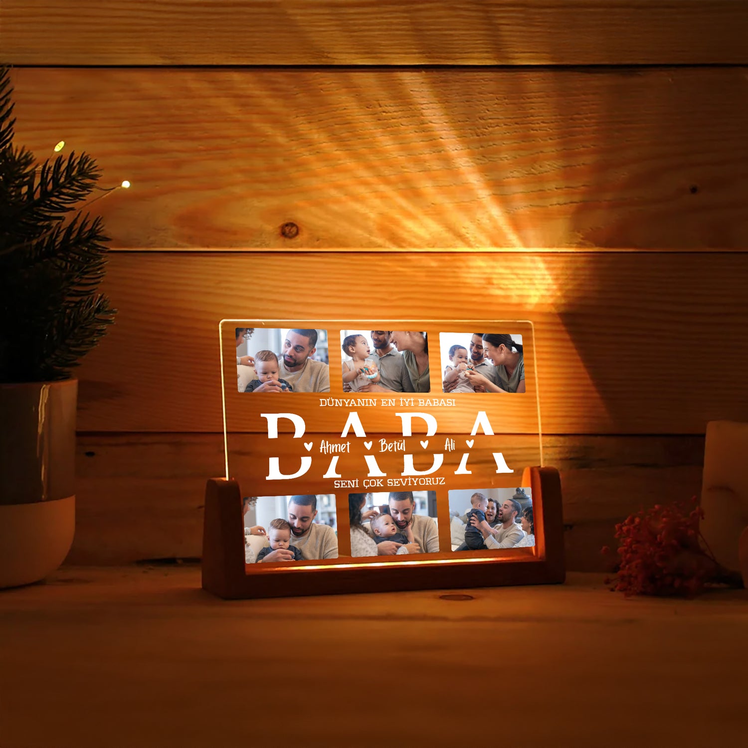 KİŞİYE ÖZEL &quot;BABA&quot; YAZILI LED IŞIKLI FOTOĞRAFLI GECE LAMBASI