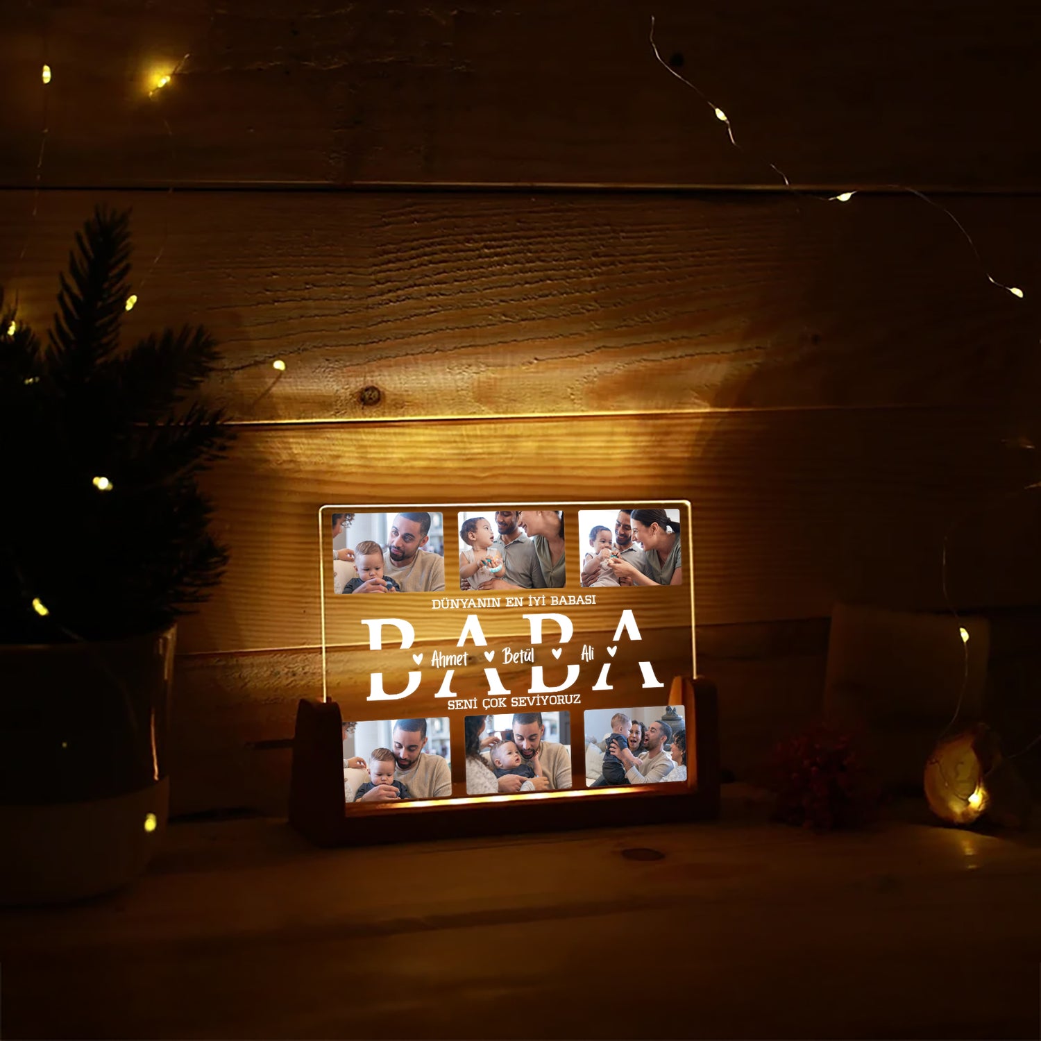 KİŞİYE ÖZEL &quot;BABA&quot; YAZILI LED IŞIKLI FOTOĞRAFLI GECE LAMBASI