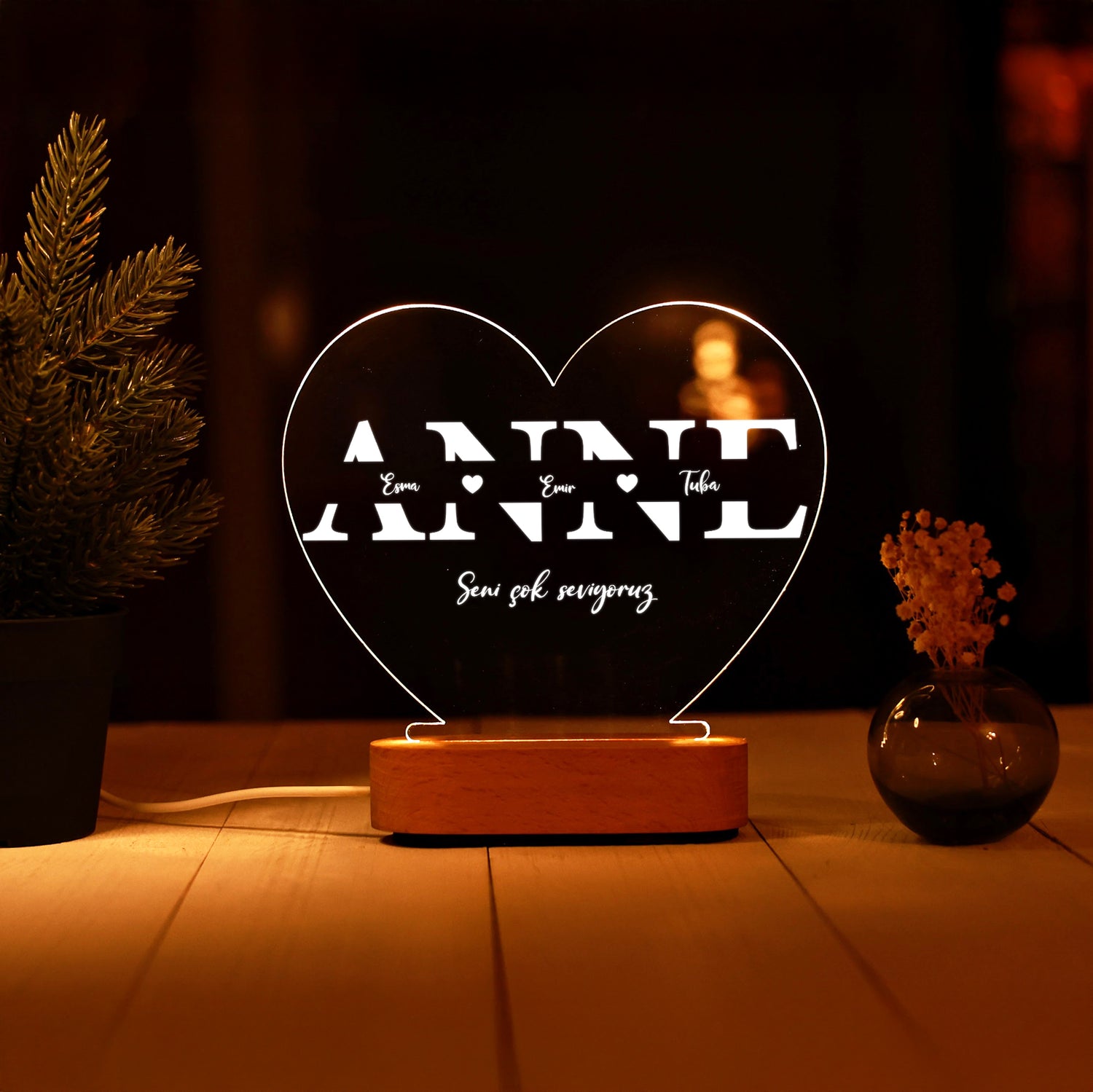 KİŞİYE ÖZEL KALP ANNE LED GECE LAMBASI
