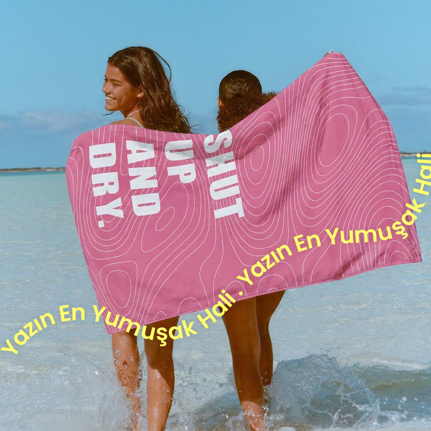 "SHUT UP AND DRY." Sloganlı Plaj Havlusu - Bonibom LOUD SUMMER Koleksiyonu