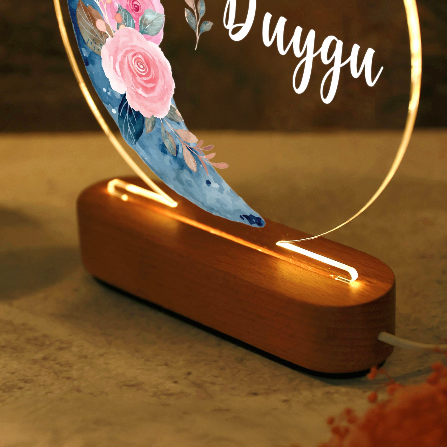 KİŞİYE ÖZEL AY VE ÇİÇEK TEMALI ÇOCUK LED GECE LAMBASI