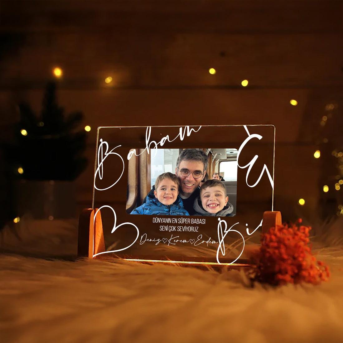 KİŞİYE ÖZEL YATAY FOTOĞRAFLI &quot;BABAM VE BİZ&quot; LED GECE LAMBASI