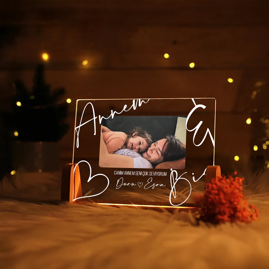 KİŞİYE ÖZEL YATAY FOTOĞRAFLI &quot;ANNEM VE BİZ&quot; LED GECE LAMBASI