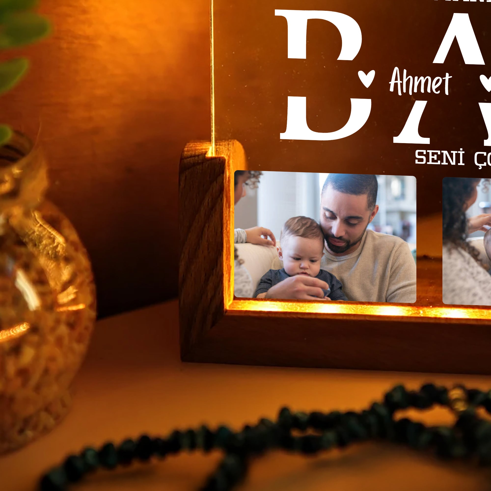 KİŞİYE ÖZEL &quot;BABA&quot; YAZILI LED IŞIKLI FOTOĞRAFLI GECE LAMBASI