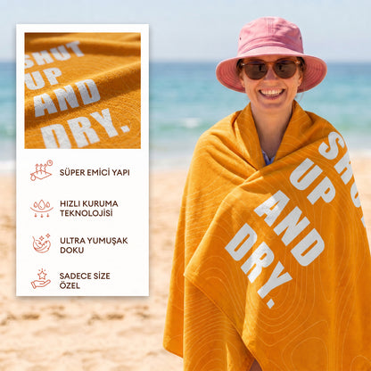 "SHUT UP AND DRY." Sloganlı Plaj Havlusu - Bonibom LOUD SUMMER Koleksiyonu