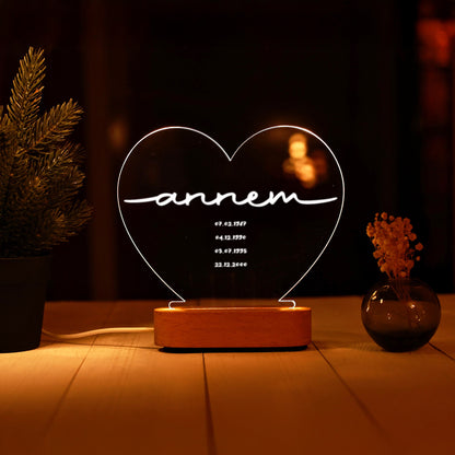 KİŞİYE ÖZEL &quot;ANNEM&quot; YAZILI TARİHLİ KALP LED GECE LAMBASI