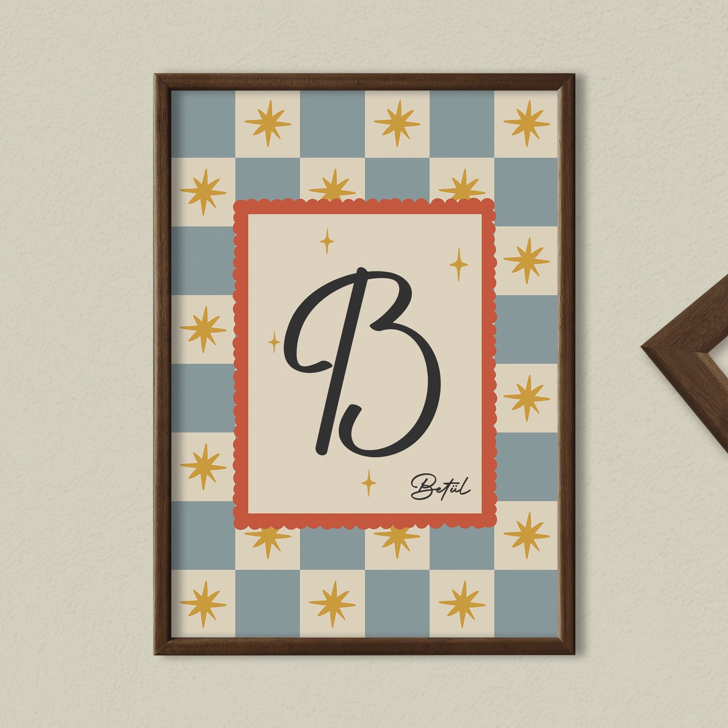 Kişiye Özel Retro Yıldız Desenli Ahşap Çerçeveli Çocuk Odası Tablosu