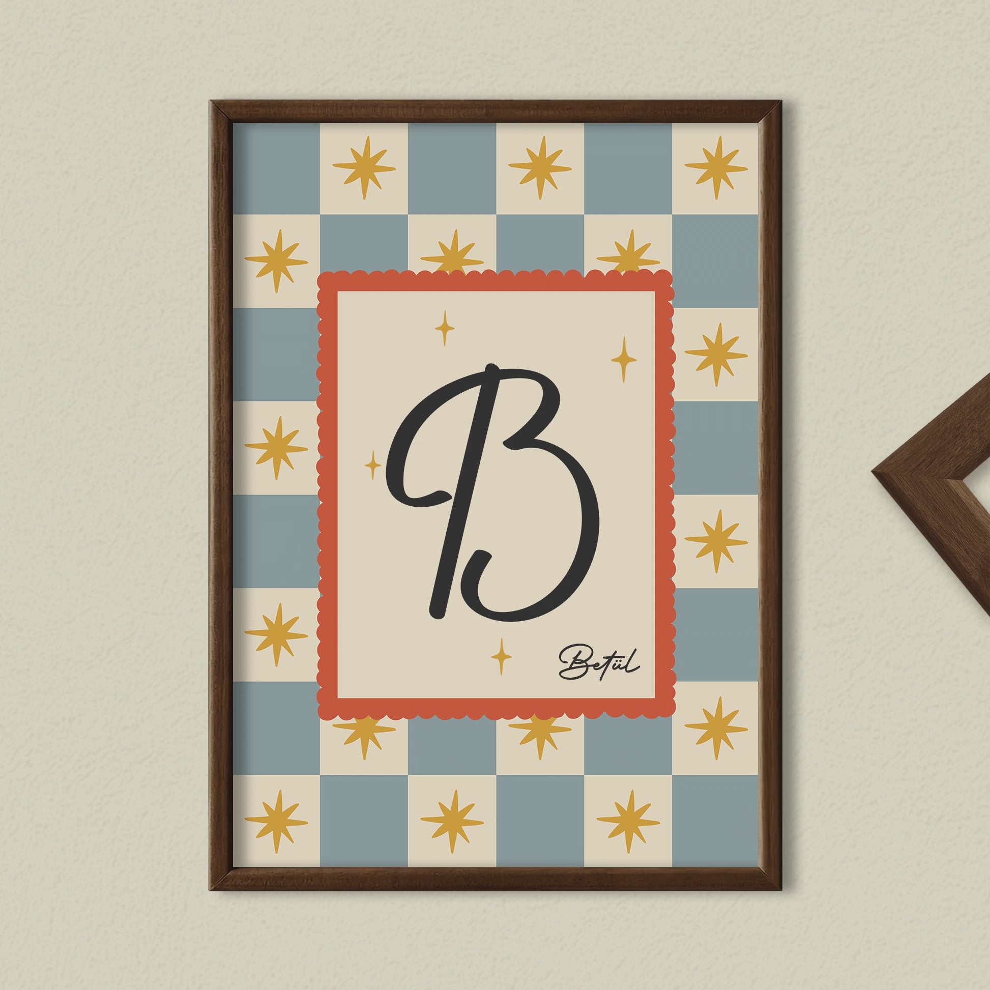 Kişiye Özel Retro Yıldız Desenli Ahşap Çerçeveli Çocuk Odası Tablosu