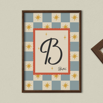 Kişiye Özel Retro Yıldız Desenli Ahşap Çerçeveli Çocuk Odası Tablosu