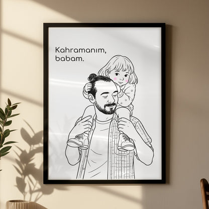 Kişileştirilebilir Kağıt Baba ve Çocuk İllüstrasyon Posteri | Fotoğraftan Çizim Portre | Babalar Günü, Doğum Günü ve Özel Anlar İçin Benzersiz Duvar Sanatı
