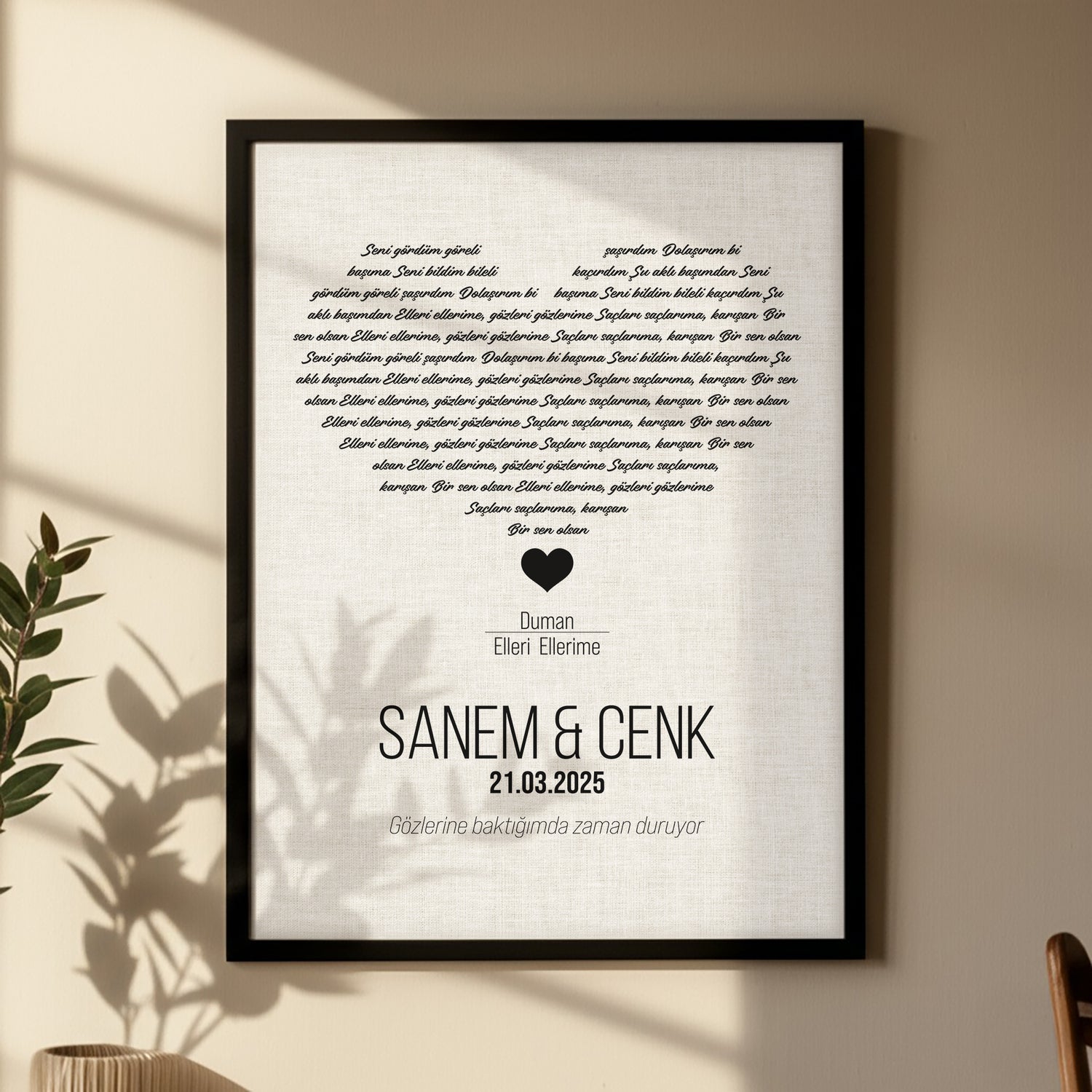 Kişileştirilebilir Keten Şarkı Sözü Posteri | Keten Doku Üzerine Özel İsim, Tarih ve Şarkı Tasarımı | Düğün, Yıldönümü ve Sevgililer Günü için Zarif Duvar Sanatı