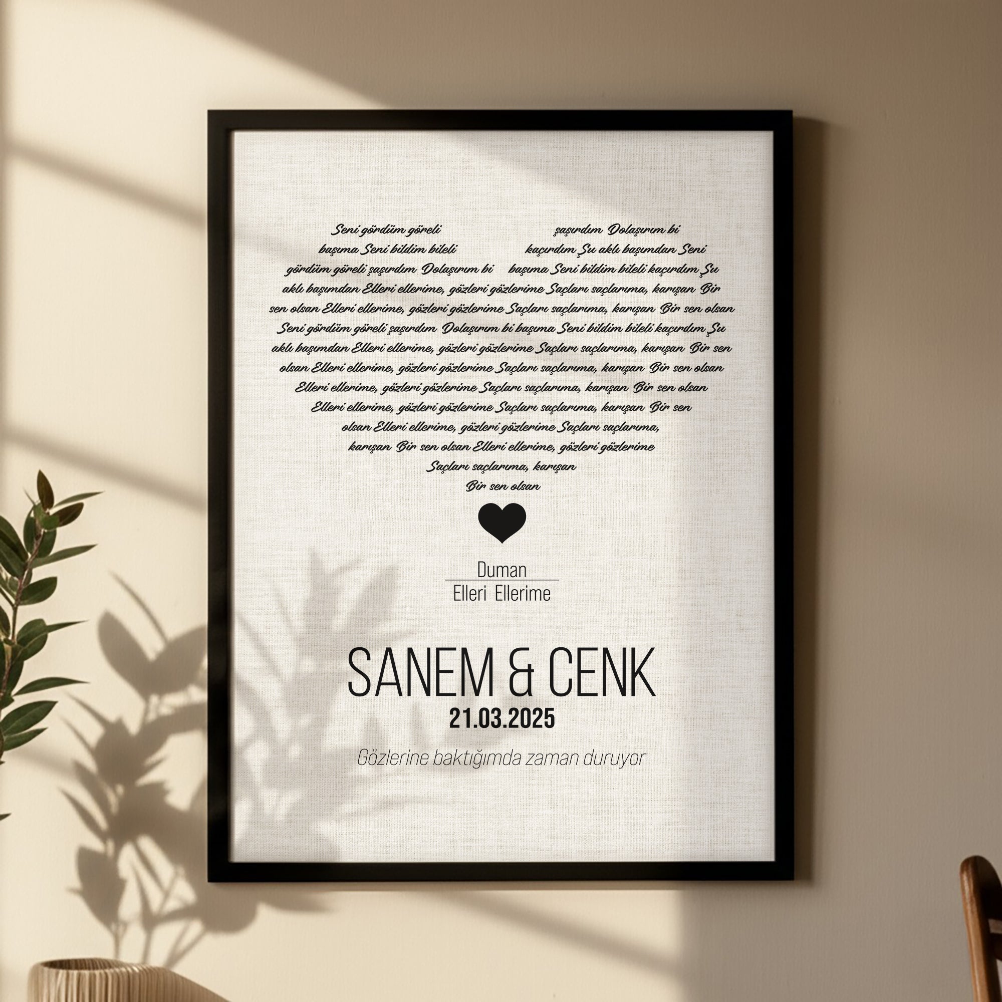 Kişileştirilebilir Keten Şarkı Sözü Posteri | Keten Doku Üzerine Özel İsim, Tarih ve Şarkı Tasarımı | Düğün, Yıldönümü ve Sevgililer Günü için Zarif Duvar Sanatı